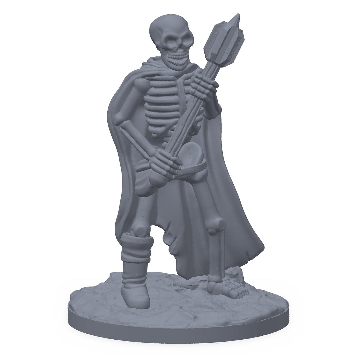 Grå 3D-printet miniatyr av et skjelett med stridskølle, til D&D og Pathfinder.