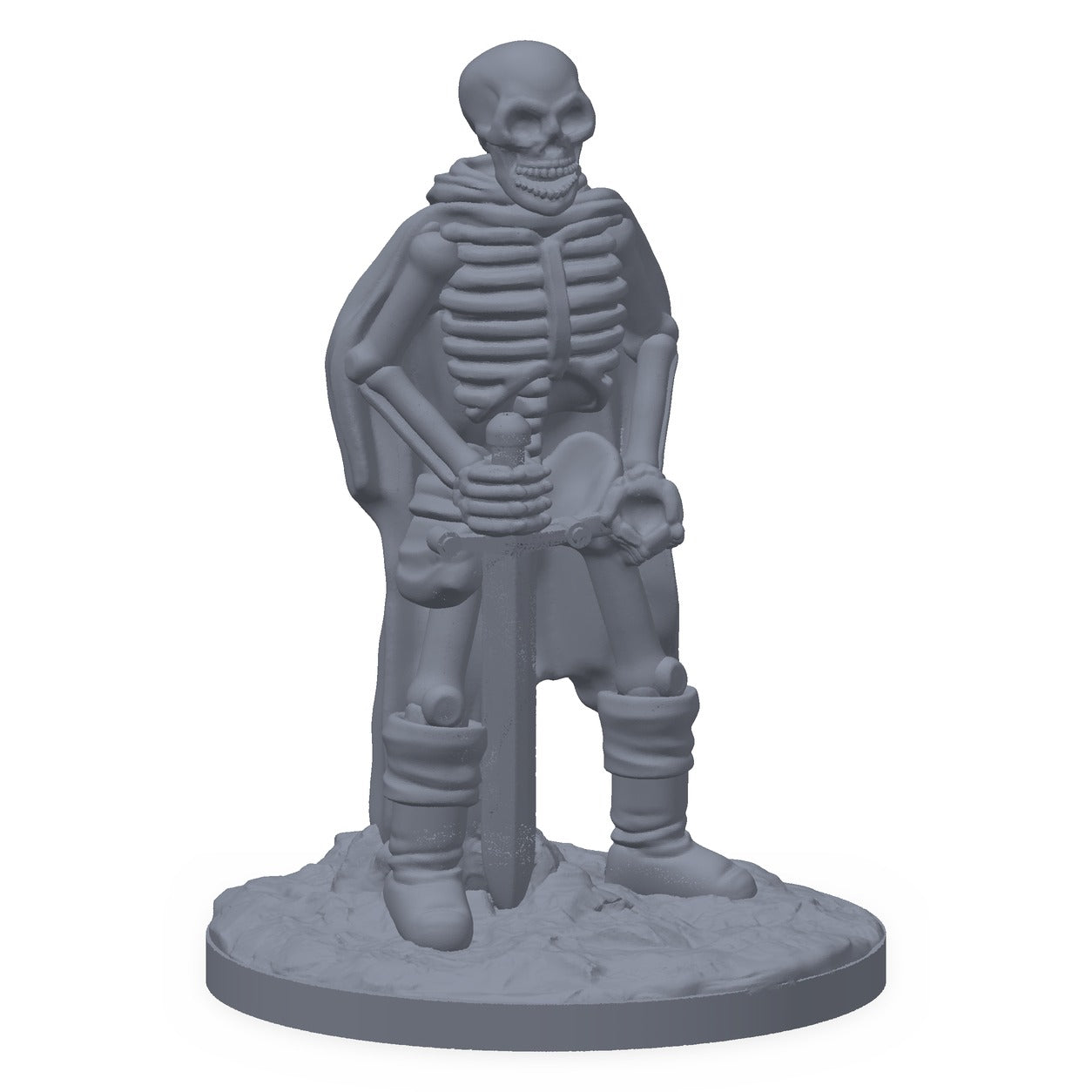 Grå 3D-printet miniatyr av et skjelett med sverd, til D&D og Pathfinder.