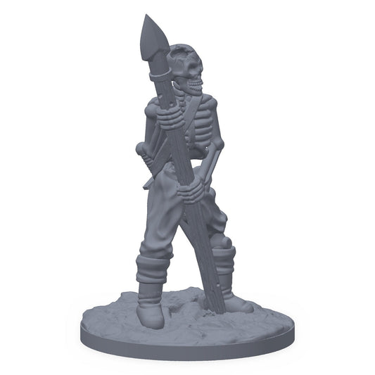 Grå 3D-printet miniatyr av et skjelett med spyd, til D&D og Pathfinder.