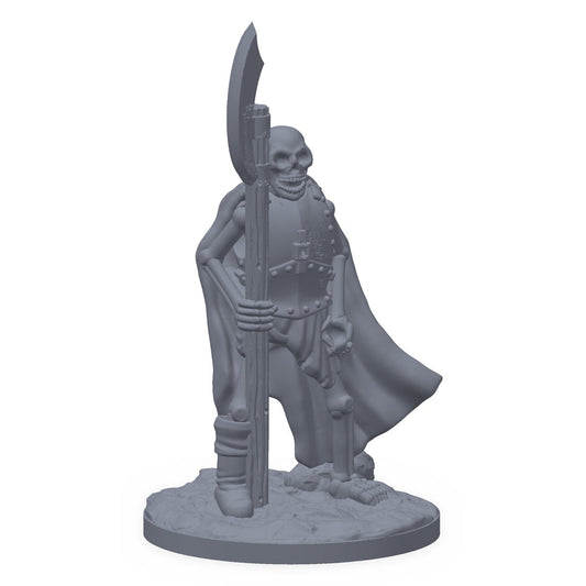 Grå 3D-printet miniatyr av et skjelett med stangvåpen, til D&D og Pathfinder.