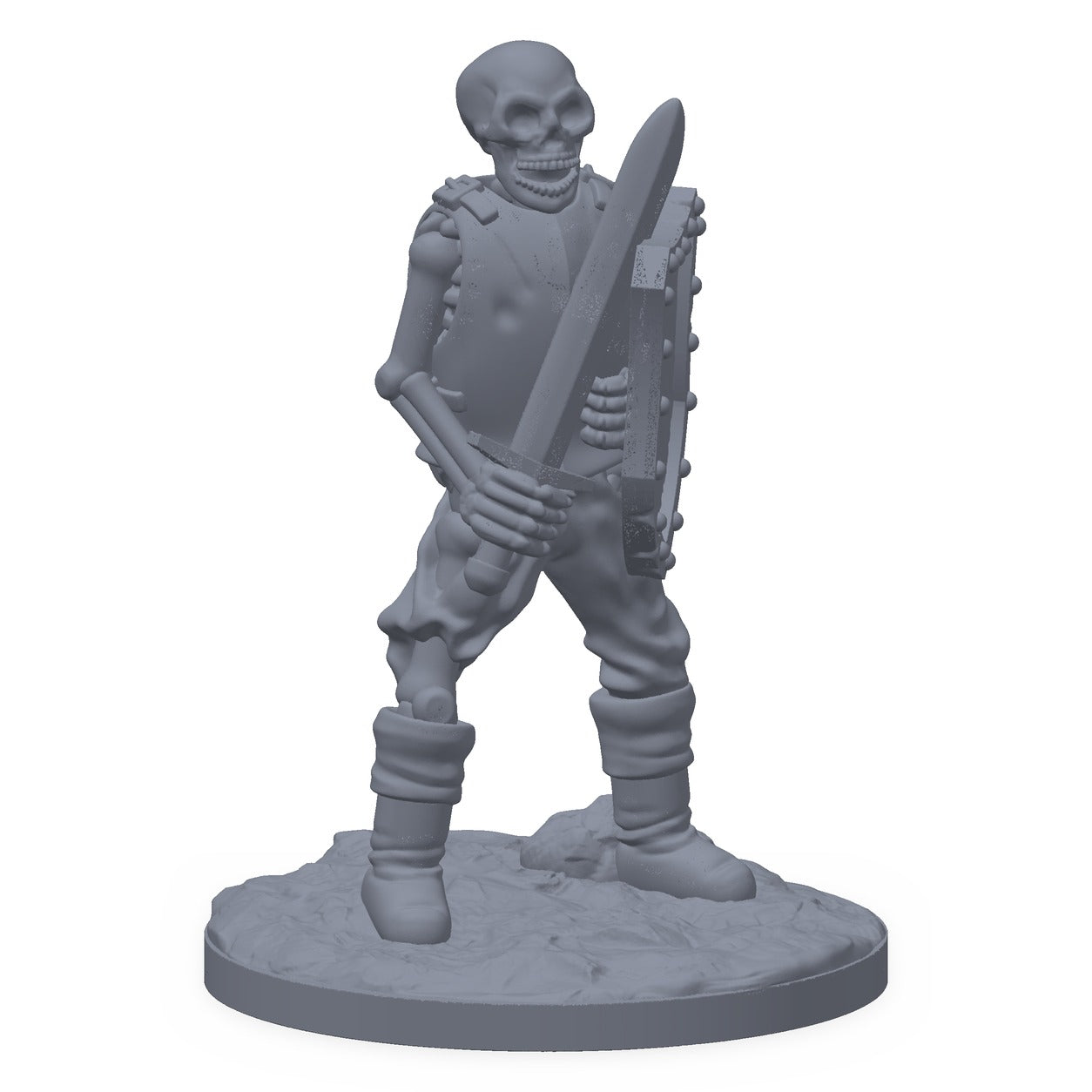 Grå 3D-printet miniatyr av et pansret skjelett med sverd, til D&D og Pathfinder.