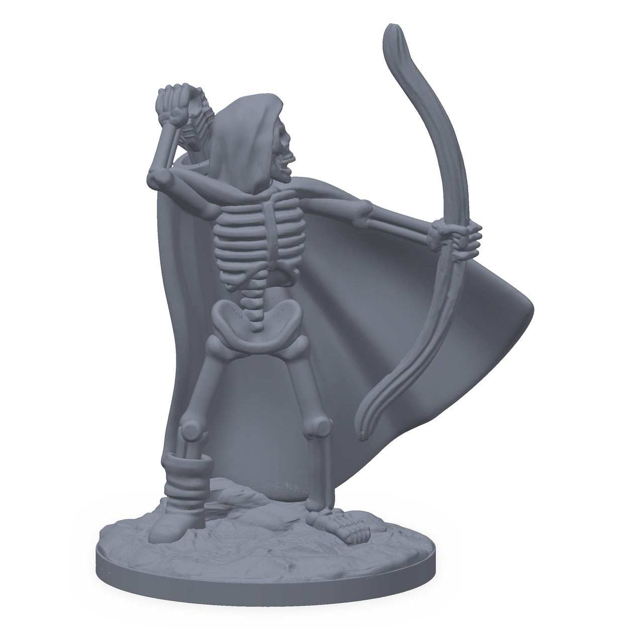 Grå 3D-printet miniatyr av et skjelett med bue, til D&D og Pathfinder.