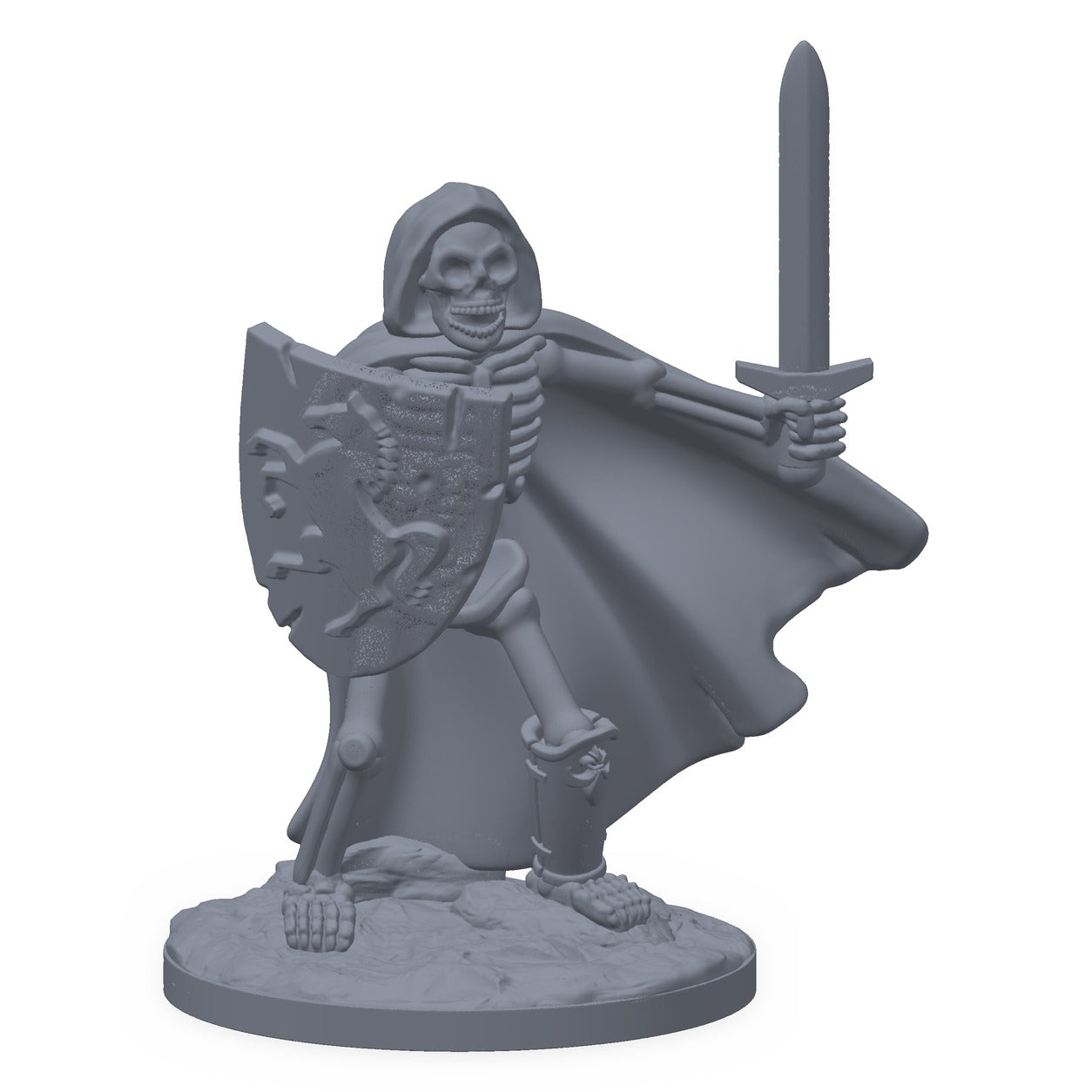 Grå 3D-printet miniatyr av et skjelett med hevet sverd, til D&D og Pathfinder.