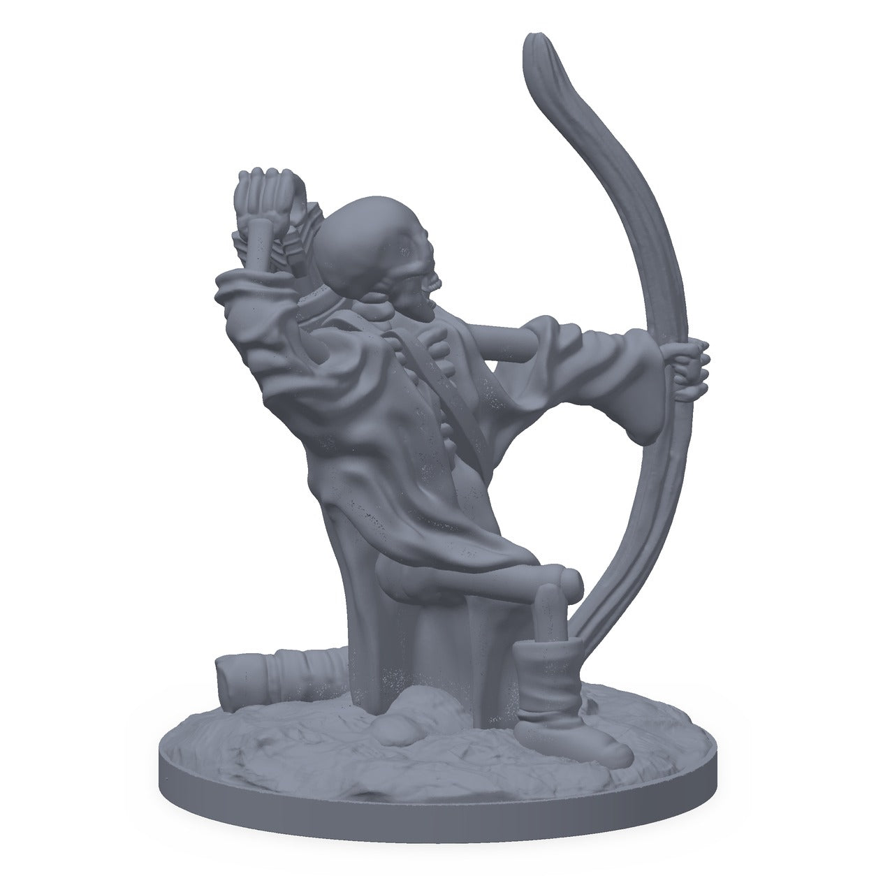 Grå 3D-printet miniatyr av et knelende skjelett med bue, til D&D og Pathfinder.