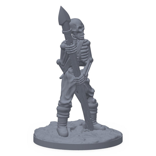 Grå 3D-printet miniatyr av et skjelett med spyd på vakt, til D&D og Pathfinder.