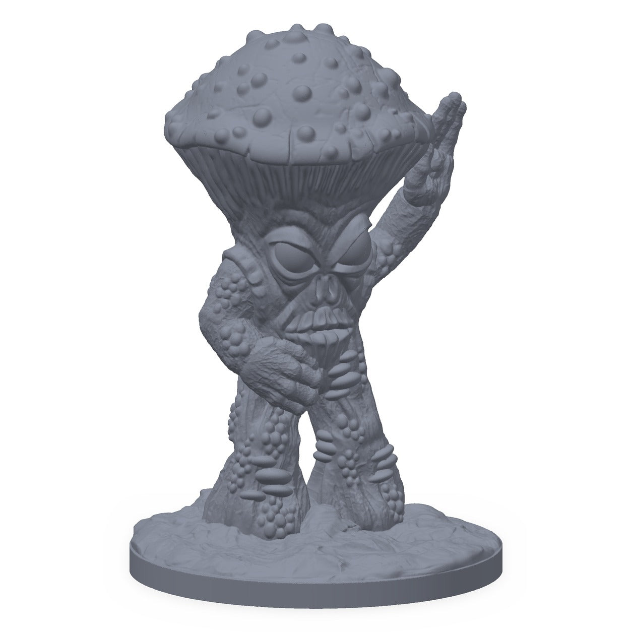 Grå 3D-printet miniatyr av et soppvesen med høy sopphatt, til D&D og Pathfinder.