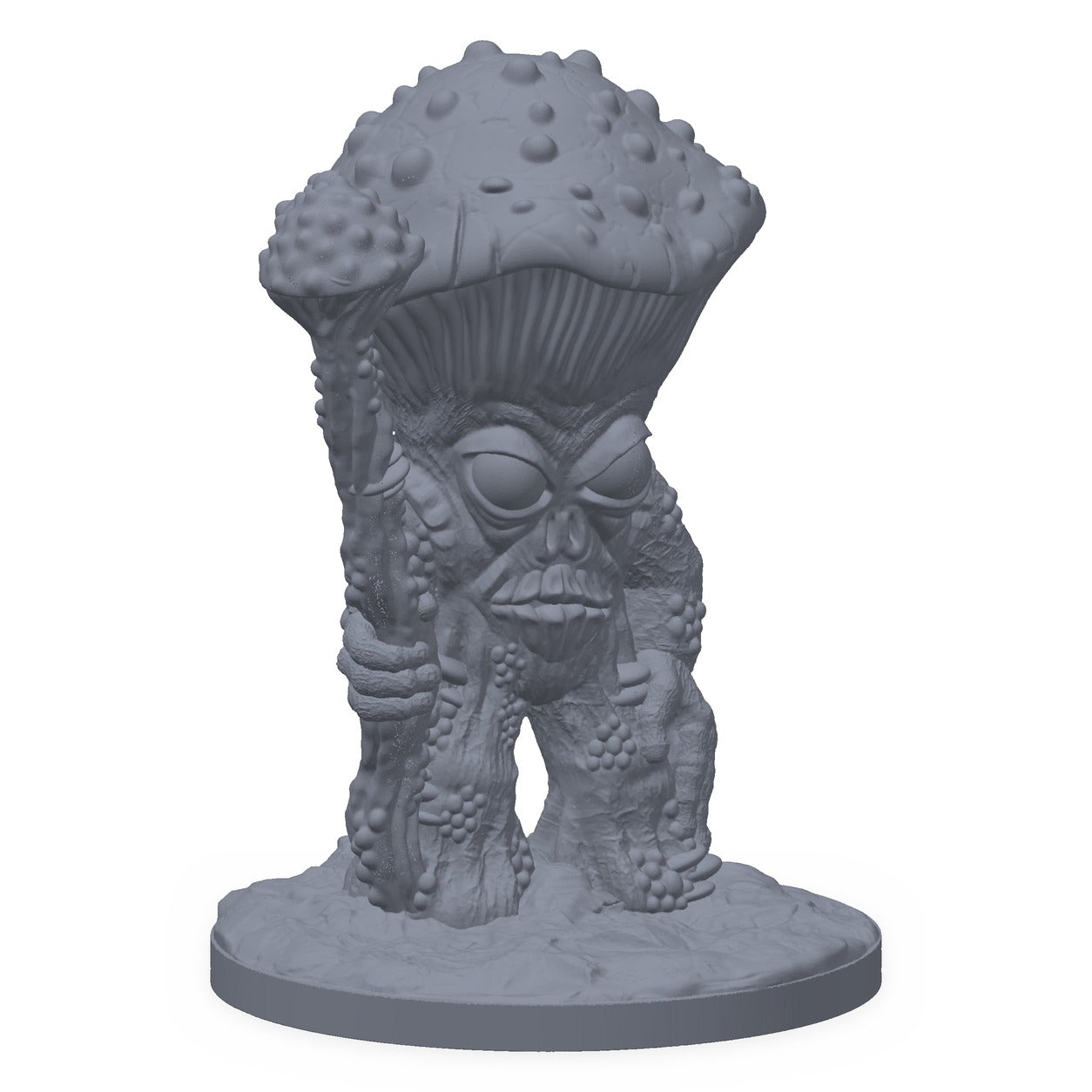 Grå 3D-printet miniatyr av et soppvesen med skjev sopphatt, til D&D og Pathfinder.