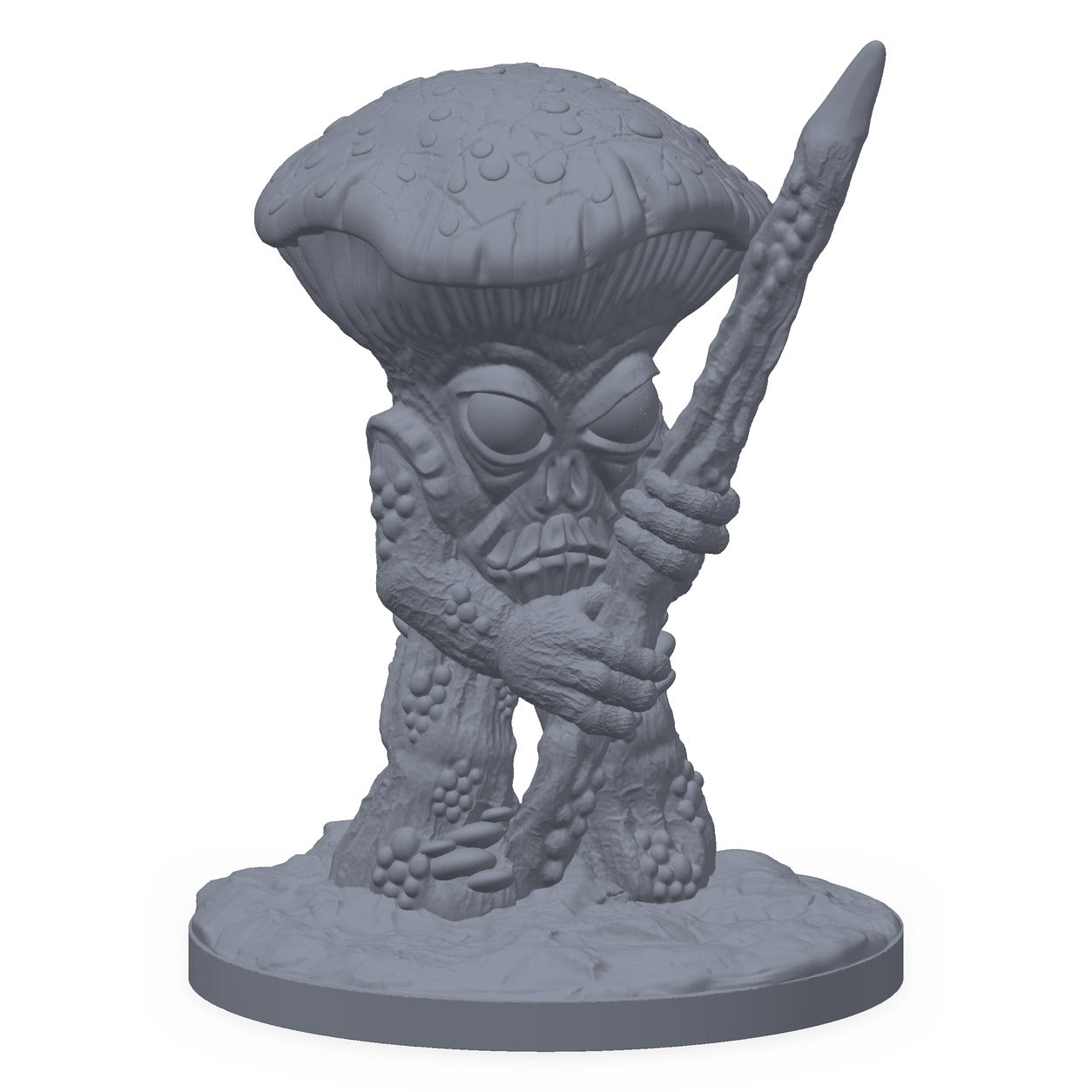 Grå 3D-printet miniatyr av et soppvesen med hevet våpen, til D&D og Pathfinder.