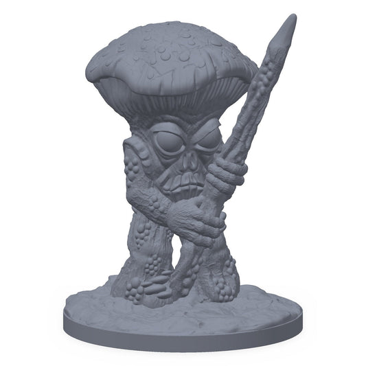 Grå 3D-printet miniatyr av et soppvesen med hevet våpen, til D&D og Pathfinder.