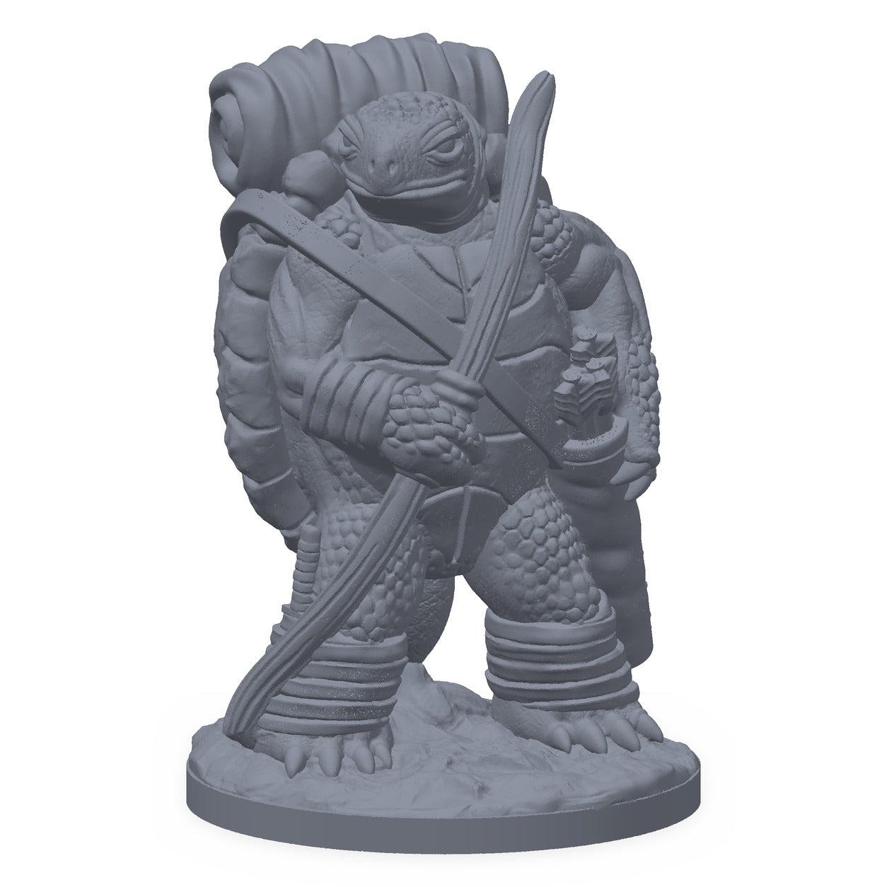 Grå 3D-printet miniatyr av et vandrende skilpaddefolk med skall og reiseutstyr, til D&D og Pathfinder.