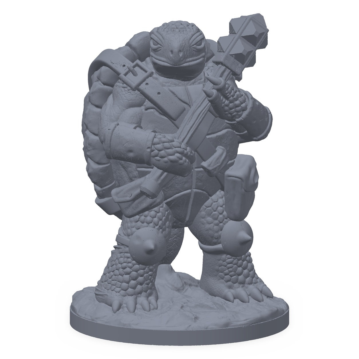 Grå 3D-printet miniatyr av en kompakt skilpaddekriger, til D&D og Pathfinder.