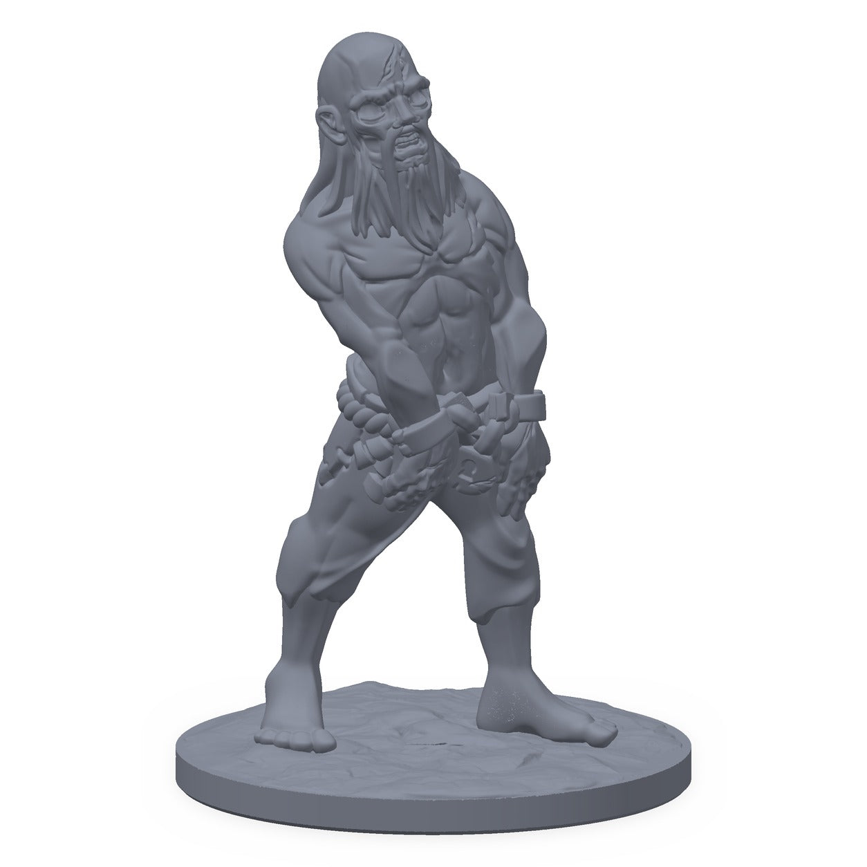 Grå 3D-printet miniatyr av en zombie i stivbeint fremmarsj, til D&D og Pathfinder.