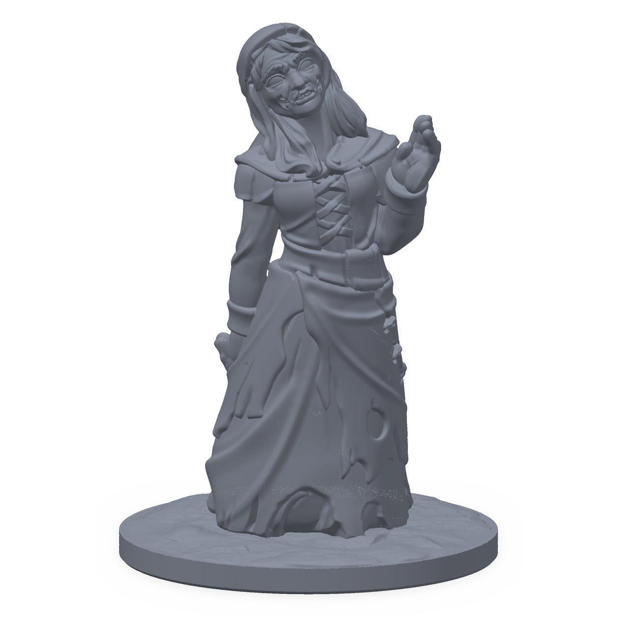 Grå 3D-printet miniatyr av en zombie med forvridd positur, til D&D og Pathfinder.
