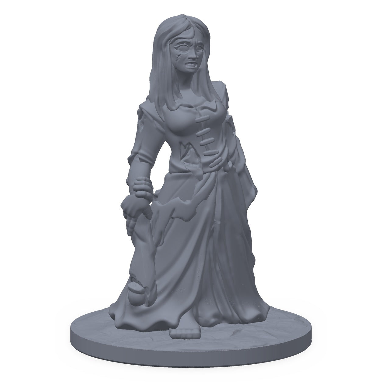 Grå 3D-printet miniatyr av en sammensunket, stavrende zombie, til D&D og Pathfinder.