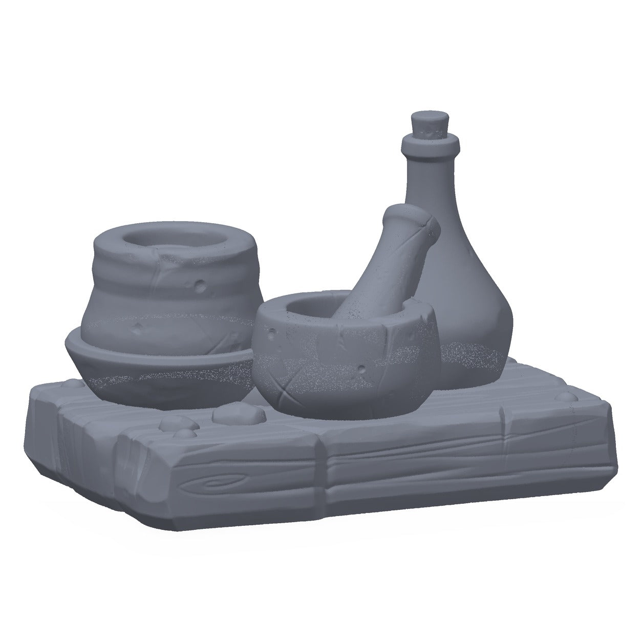 Grå 3D-printet rekvisitt av et alkymibord med kolber og flasker, til D&D og Pathfinder.