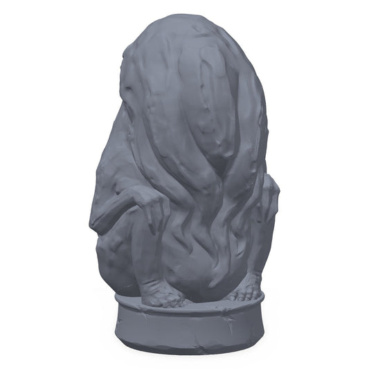 3D-printet eldgammelt idol i grå PLA – terrengrekvisitt til D&D og Pathfinder.