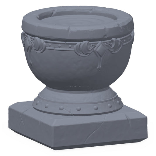 3D-printet døpefont i grå PLA – terrengrekvisitt til D&D og Pathfinder.