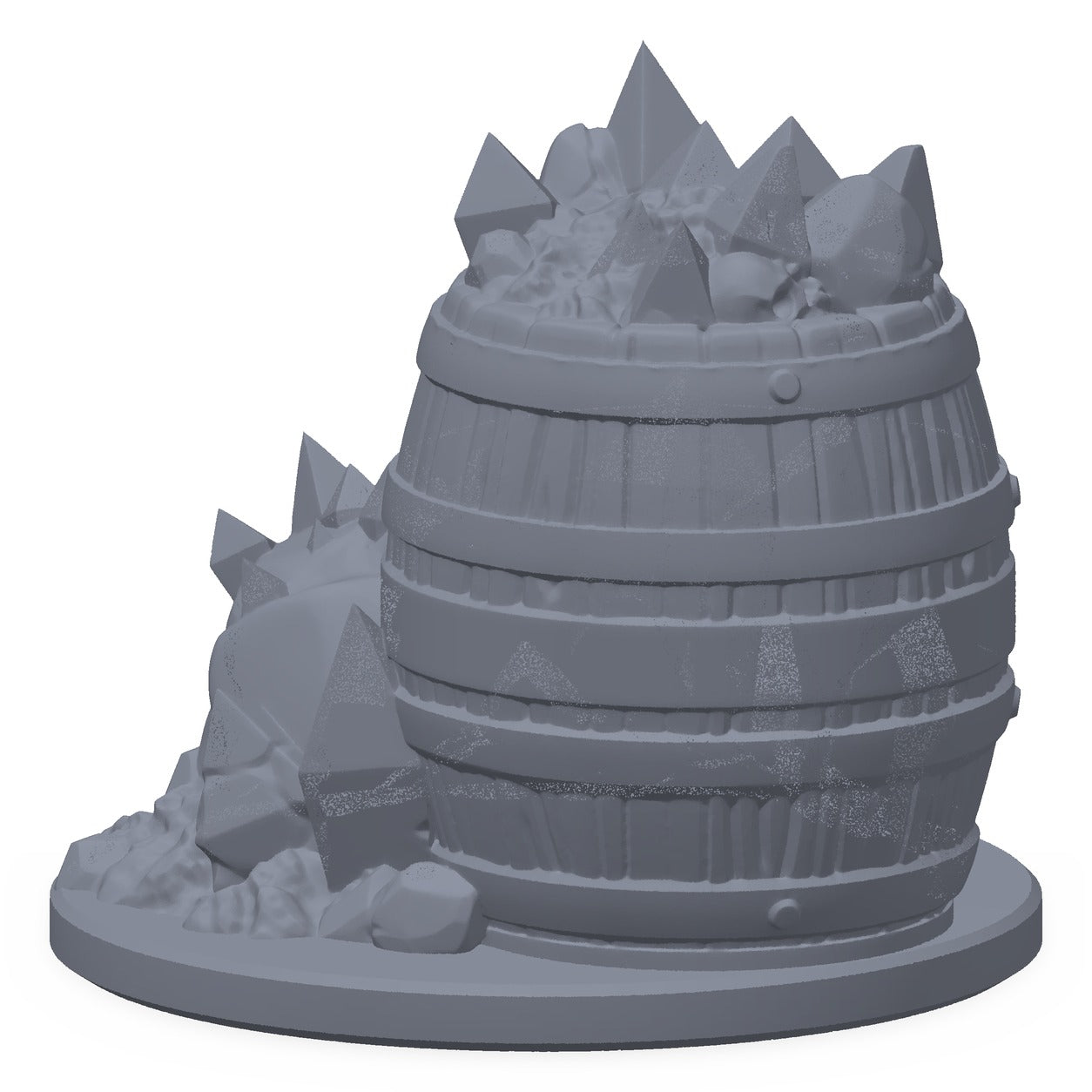 3D-printet tønne i grå PLA – terrengrekvisitt til D&D og Pathfinder.