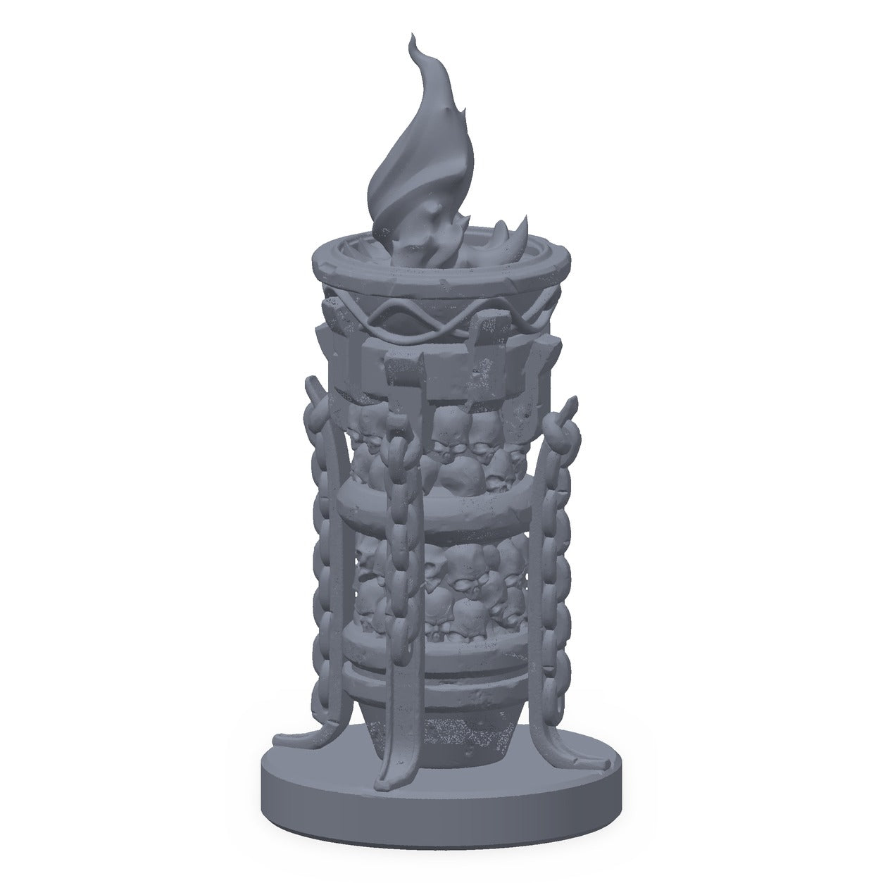 3D-printet høyt fyrfat med flammer i grå PLA – terrengrekvisitt til D&D og Pathfinder.