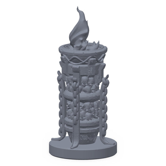 3D-printet høyt fyrfat med flammer i grå PLA – terrengrekvisitt til D&D og Pathfinder.
