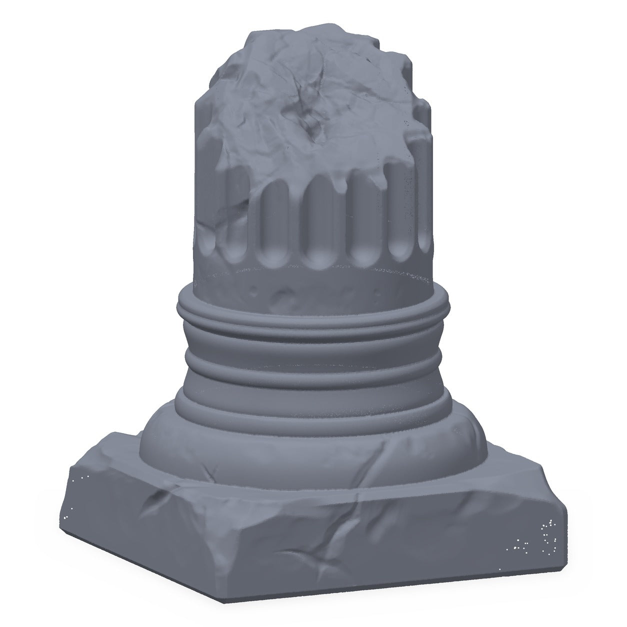 3D-printet brukket søyle i grå PLA – terrengrekvisitt til D&D og Pathfinder.