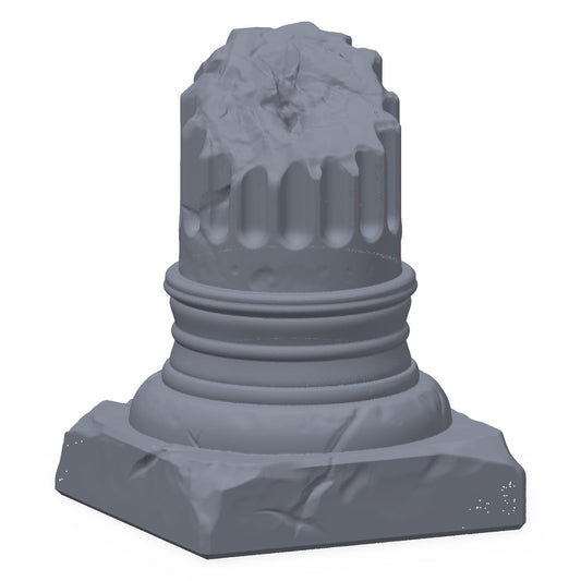 3D-printet brukket søyle i grå PLA – terrengrekvisitt til D&D og Pathfinder.