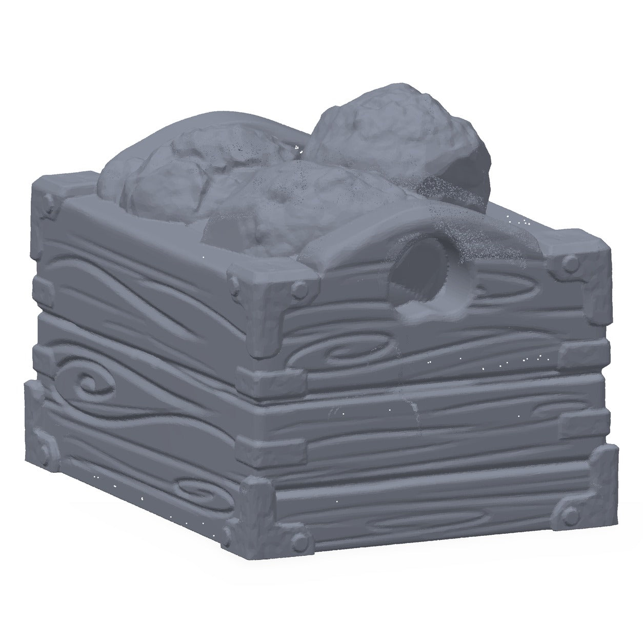 3D-printet katapultsteiner i grå PLA – terrengrekvisitt til D&D og Pathfinder.