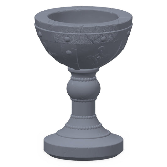 3D-printet seremonikalk i grå PLA – terrengrekvisitt til D&D og Pathfinder.