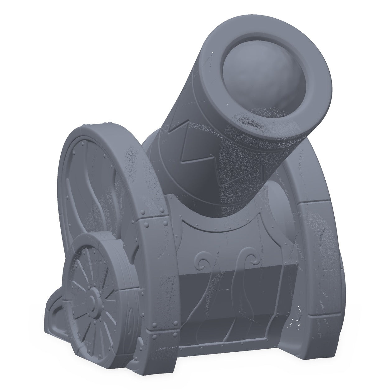 3D-printet sirkuskanon i grå PLA – terrengrekvisitt til D&D og Pathfinder.