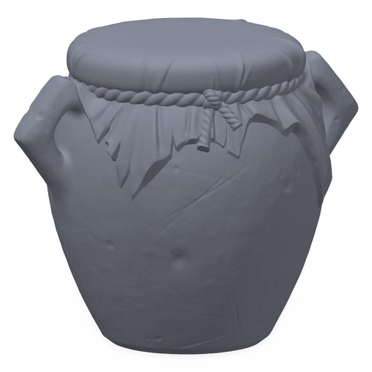3D-printet lukket krukke i grå PLA – terrengrekvisitt til D&D og Pathfinder.