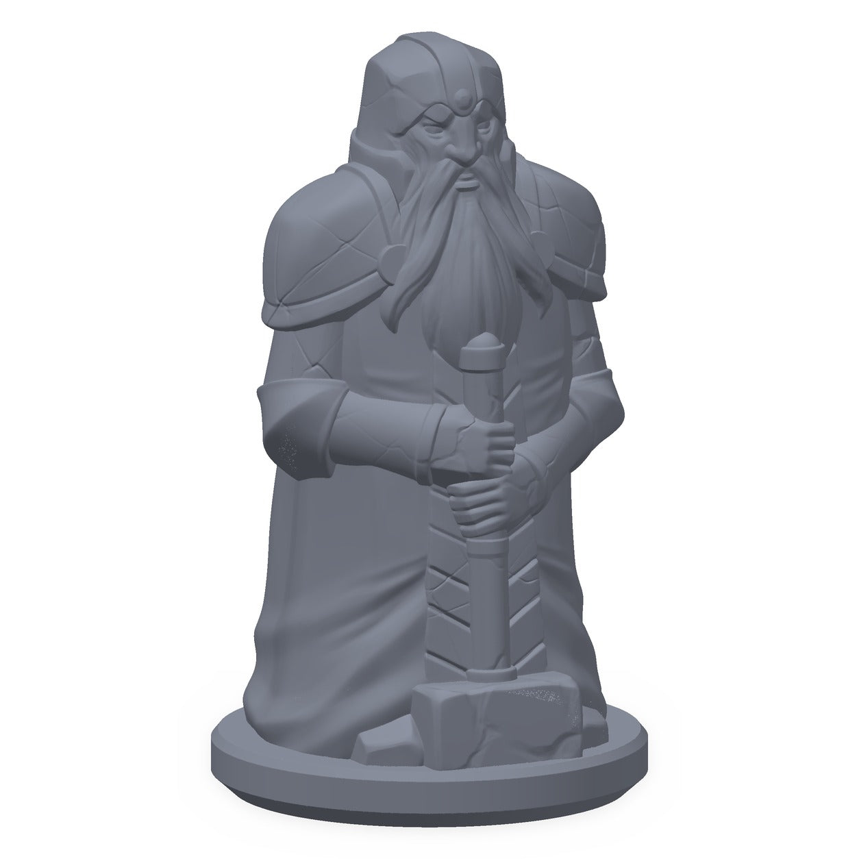 3D-printet dvergsoldat-statue i grå PLA – terrengrekvisitt til D&D og Pathfinder.