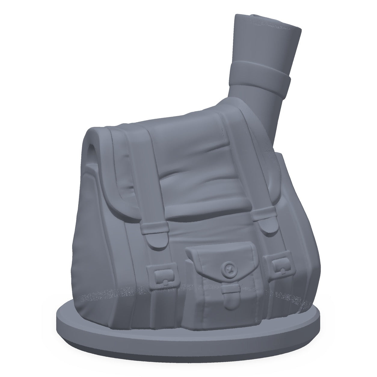 3D-printet utforskersekk i grå PLA – terrengrekvisitt til D&D og Pathfinder.