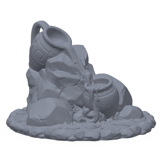 Grå 3D-printet rekvisitt av en froskefont med vannbasseng, til D&D og Pathfinder.