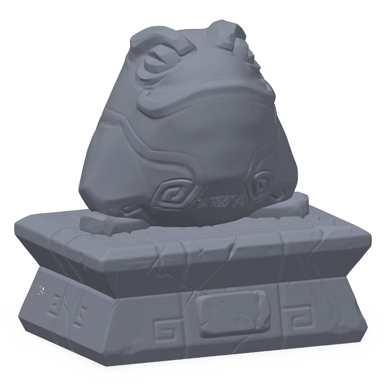 Grå 3D-printet rekvisitt av en liten froskestatue på sokkel, til D&D og Pathfinder.