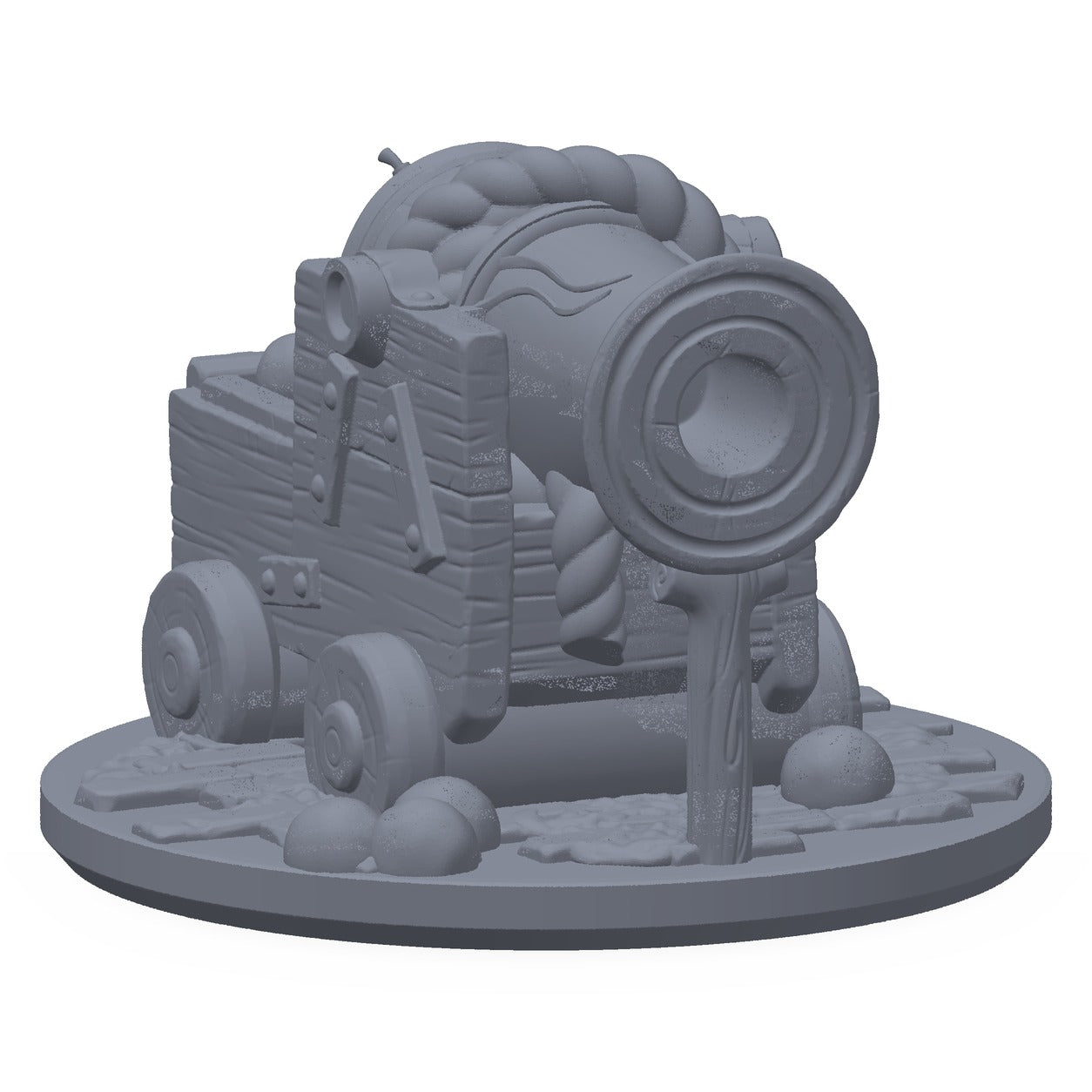 3D-printet goblinkanon i grå PLA – terrengrekvisitt til D&D og Pathfinder.