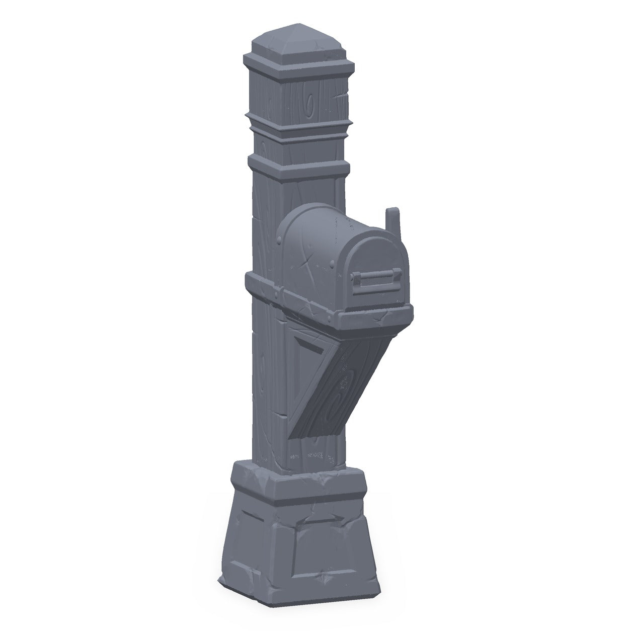 3D-printet halfling-postkasse i grå PLA – terrengrekvisitt til D&D og Pathfinder.