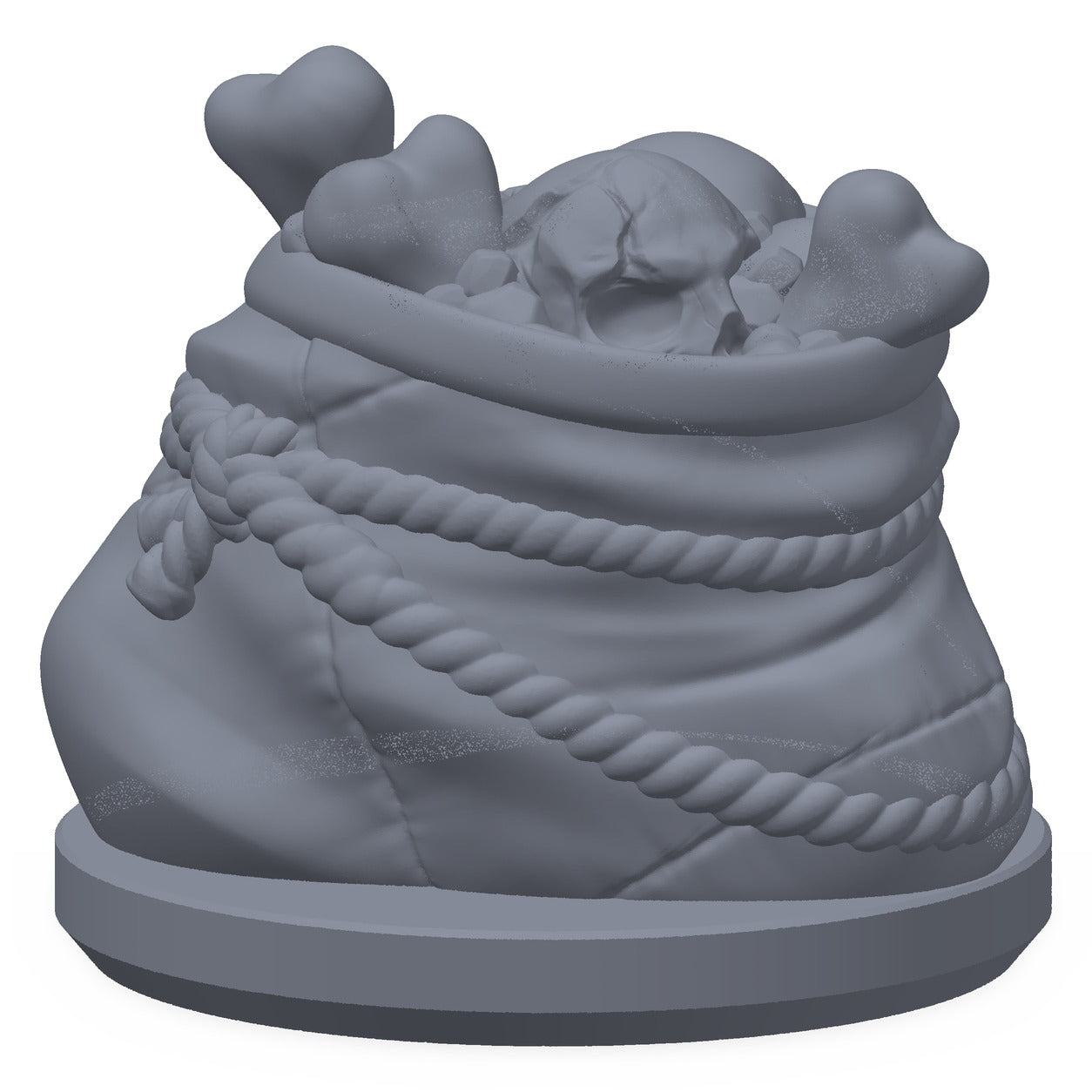 3D-printet spåmannssekk i grå PLA – terrengrekvisitt til D&D og Pathfinder.