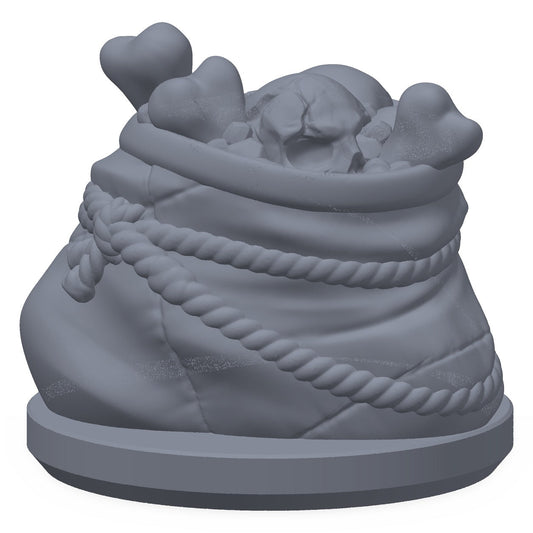 3D-printet spåmannssekk i grå PLA – terrengrekvisitt til D&D og Pathfinder.