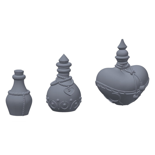 3D-printet helsedrikk-sett i grå PLA – terrengrekvisitt til D&D og Pathfinder.