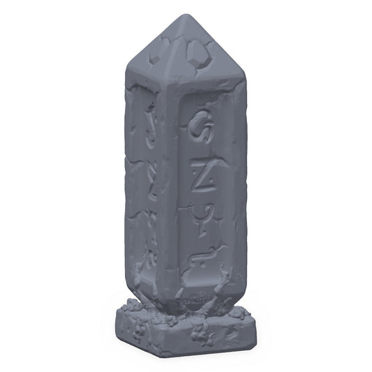 3D-printet mutantobelisk i grå PLA – terrengrekvisitt til D&D og Pathfinder.
