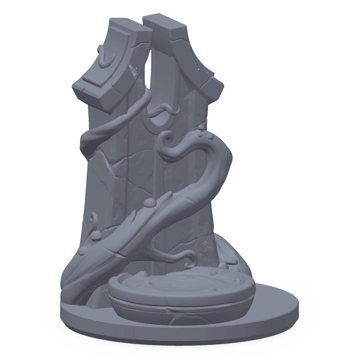 3D-printet myconid-alter i grå PLA – terrengrekvisitt til D&D og Pathfinder.