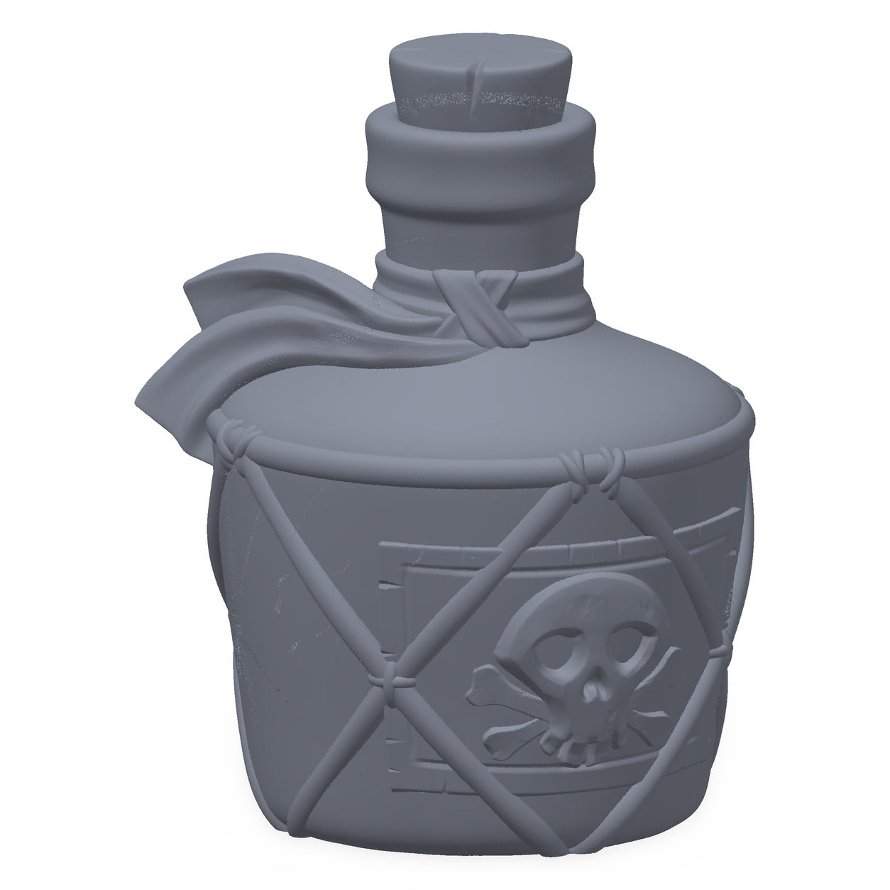 3D-printet piratflaske i grå PLA – terrengrekvisitt til D&D og Pathfinder.