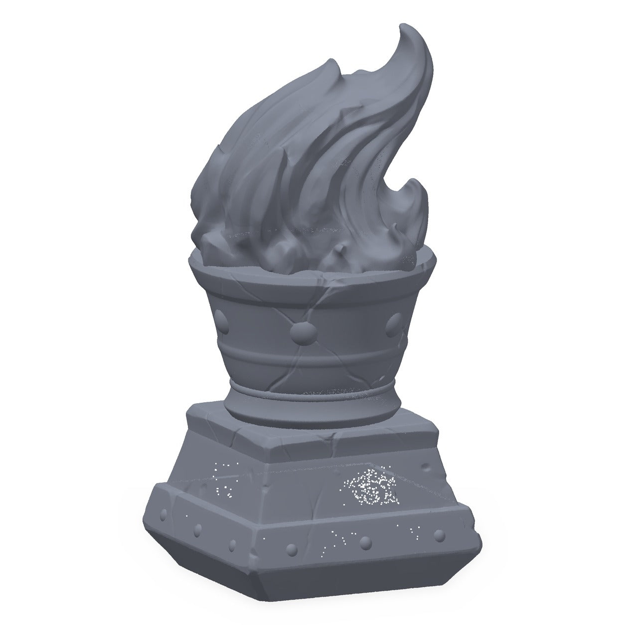 Grå 3D-printet rekvisitt av et vokslys på høy stake, til D&D og Pathfinder.