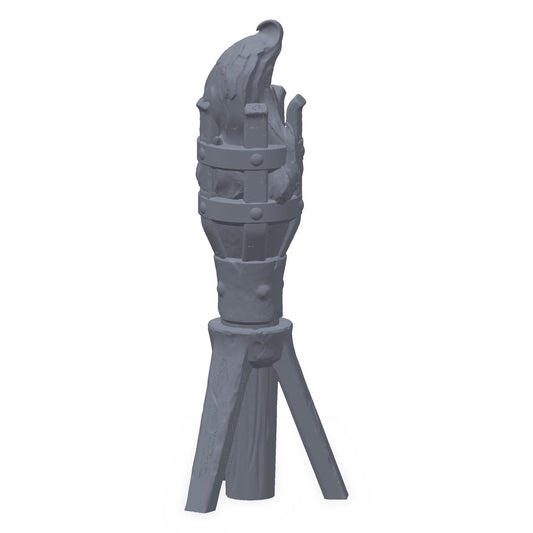 3D-printet fakkel i grå PLA – terrengrekvisitt til D&D og Pathfinder.