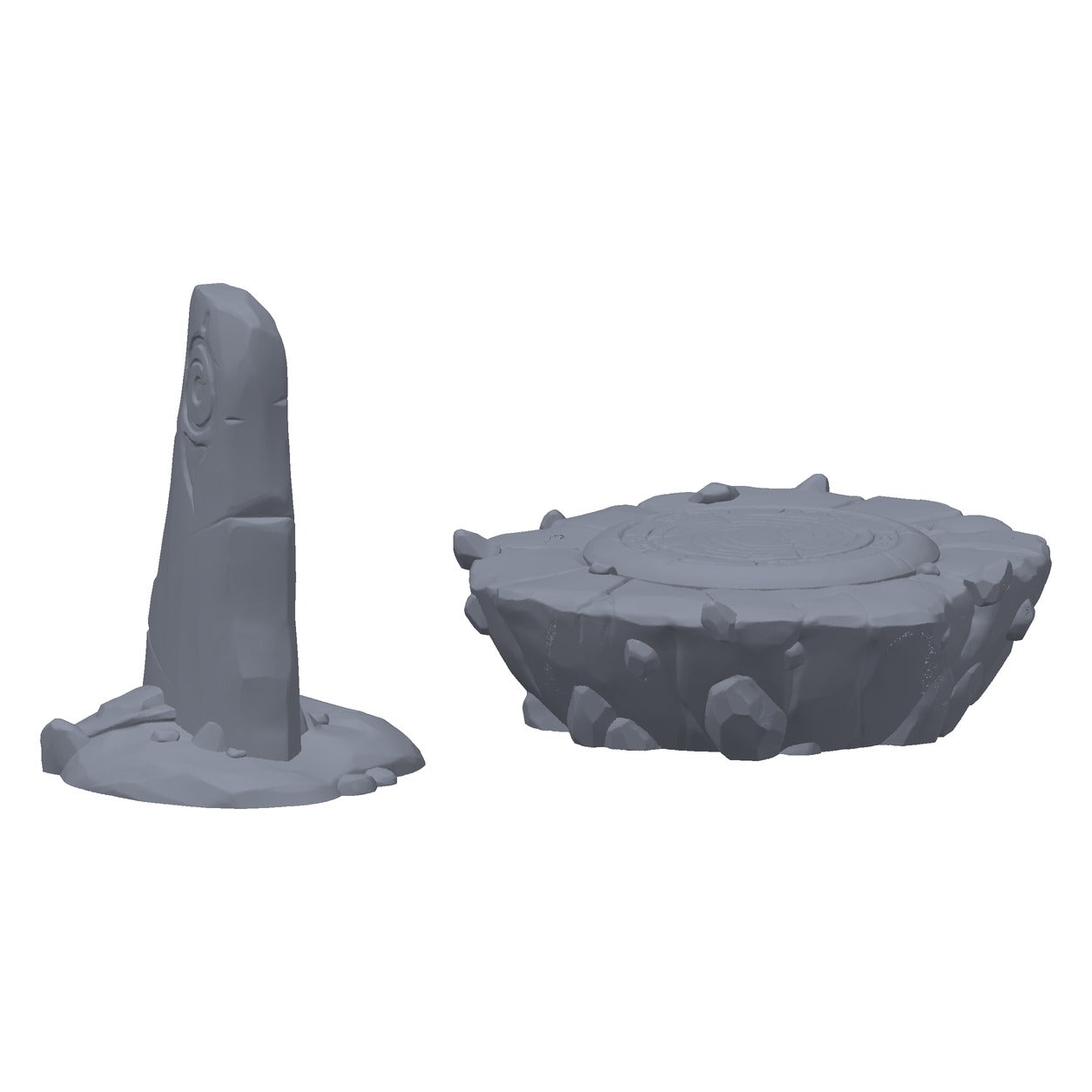 3D-printet runemonolitt i grå PLA – terrengrekvisitt til D&D og Pathfinder.