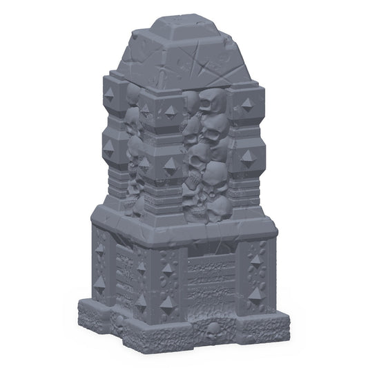 3D-printet hodeskallealter i grå PLA – terrengrekvisitt til D&D og Pathfinder.