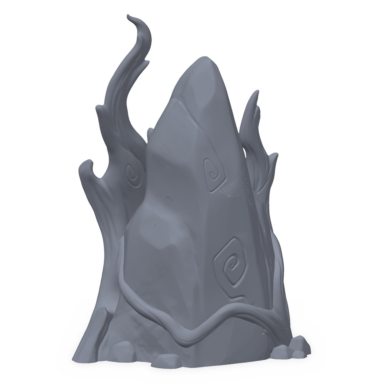 3D-printet overgrodd runestein i grå PLA – terrengrekvisitt til D&D og Pathfinder.