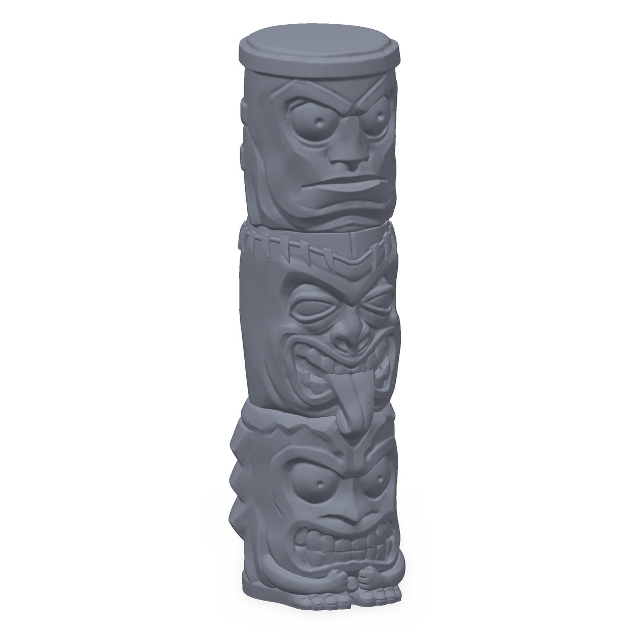 3D-printet tikitotem i grå PLA – terrengrekvisitt til D&D og Pathfinder.