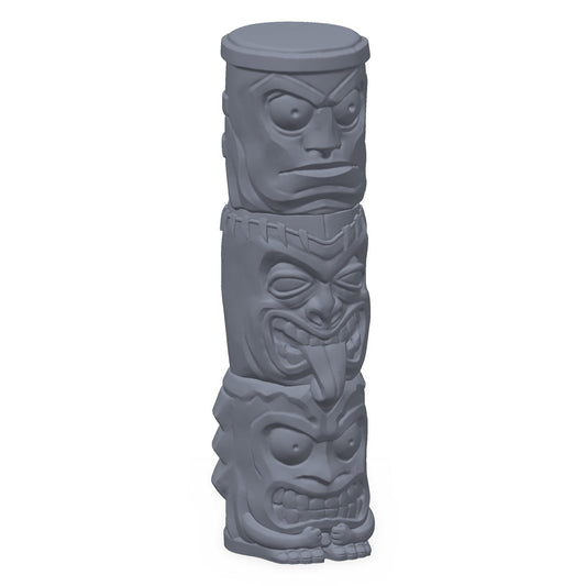 3D-printet tikitotem i grå PLA – terrengrekvisitt til D&D og Pathfinder.