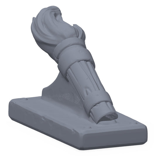 3D-printet veggfakkel i grå PLA – terrengrekvisitt til D&D og Pathfinder.